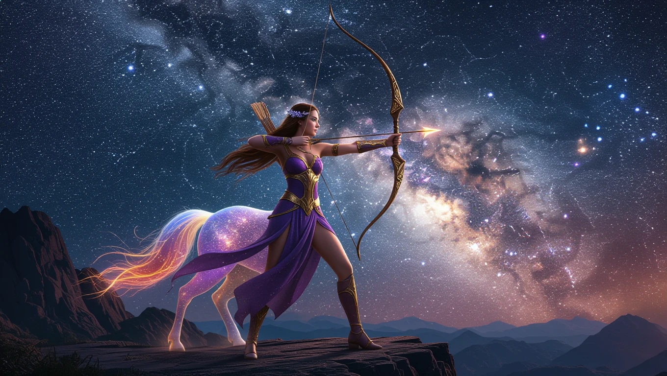 Une archeresse majestueuse, vêtue d'une robe violette, tire une flèche vers le ciel étoilé, accompagnée d'une créature mythique.