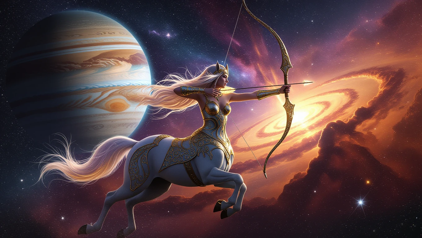 Une centaure féminine avec un arc, tirant dans l'espace, devant une planète géante et des nébuleuses colorées.