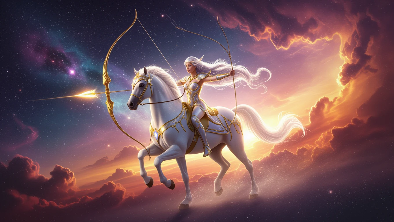 Une guerrière majestueuse chevauche un cheval blanc, tenant un arc et une flèche, dans un paysage cosmique vibrant.