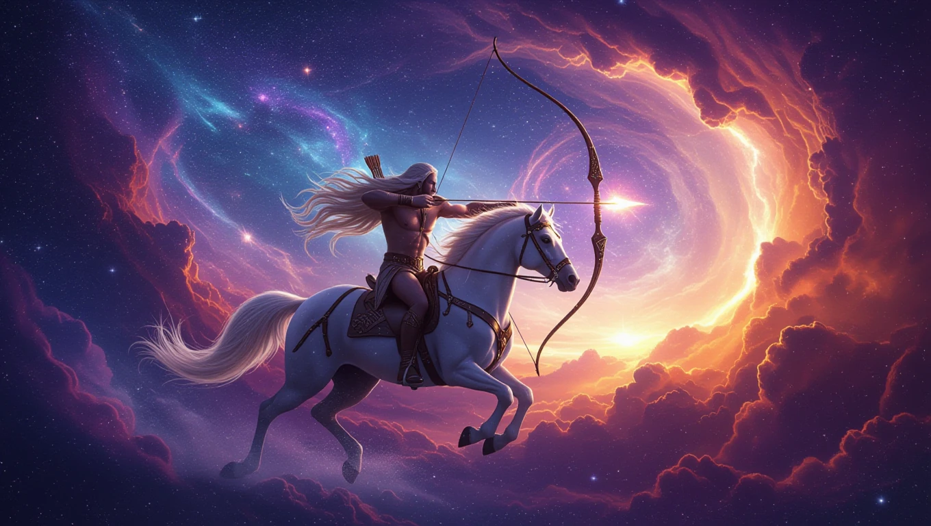 Un archer sur un cheval blanc tirant une flèche dans un ciel étoilé, symbolisant l'esprit aventureux du Sagittaire.