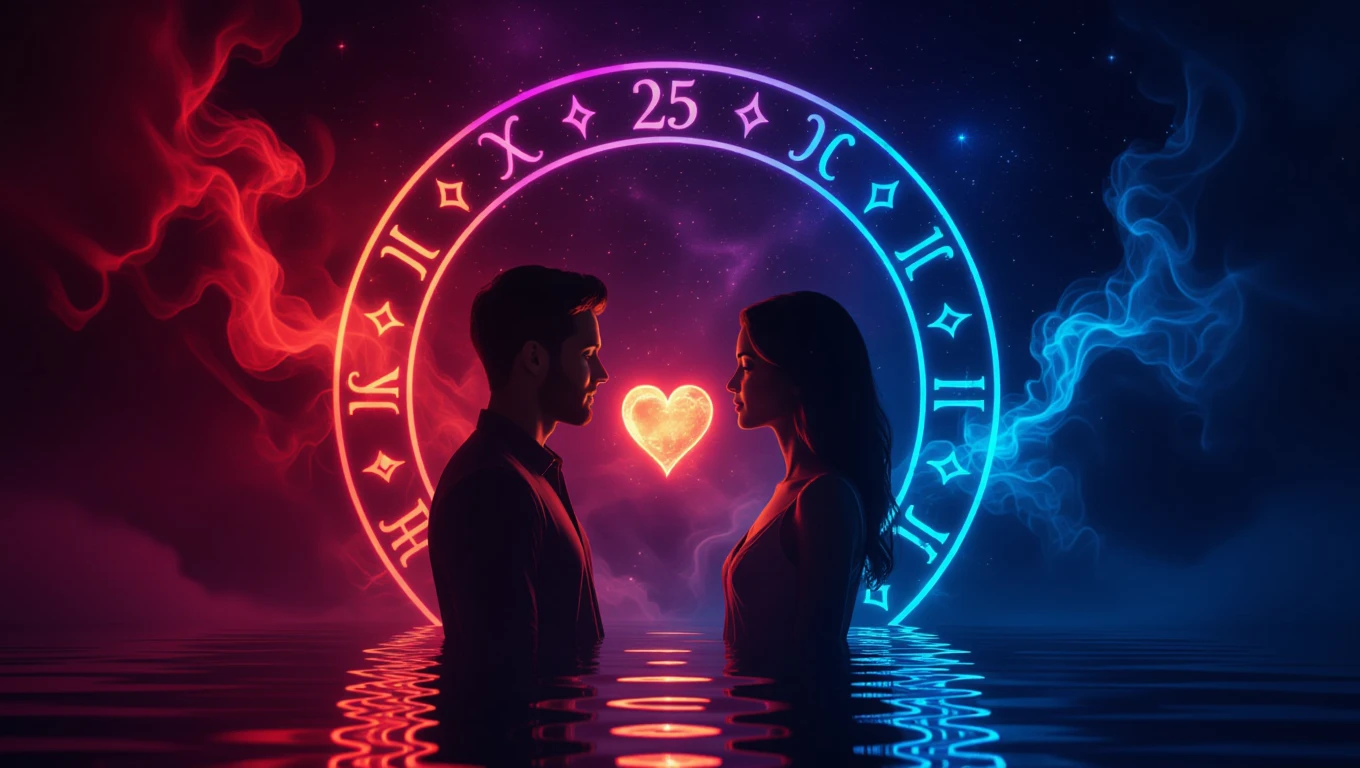 Un couple se regardant intensément devant un cercle astrologique lumineux.