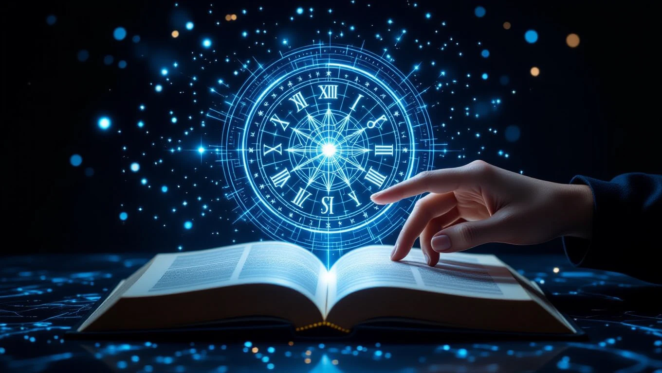 Carrière Sagittaire septembre 2025 : opportunités, défis et réussite professionnelle Une main effleurant un livre ouvert avec des symboles astrologiques lumineux en arrière-plan.
