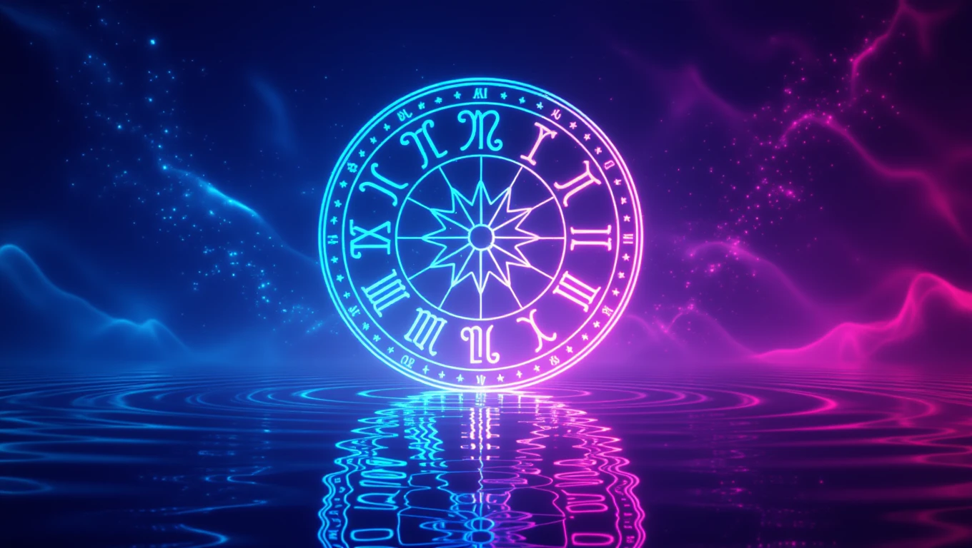 Un cercle astrologique lumineux avec des signes du zodiaque sur fond coloré.