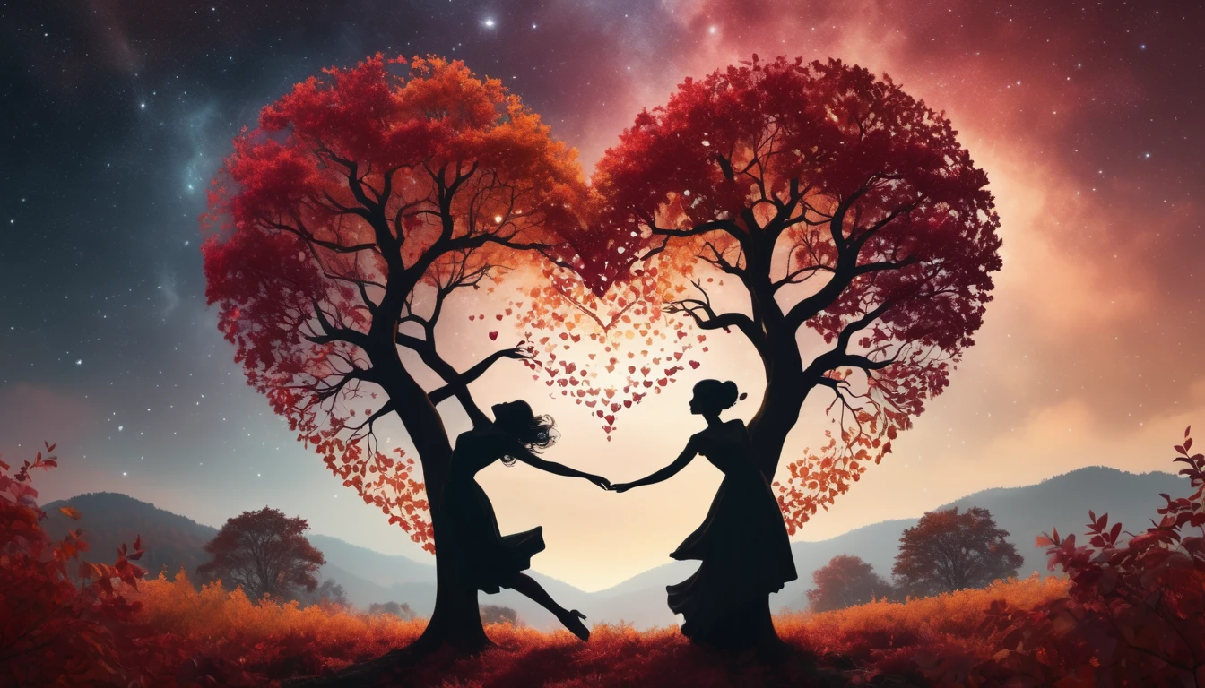 Deux silhouettes féminines se tenant par la main sous des arbres en forme de cœur.