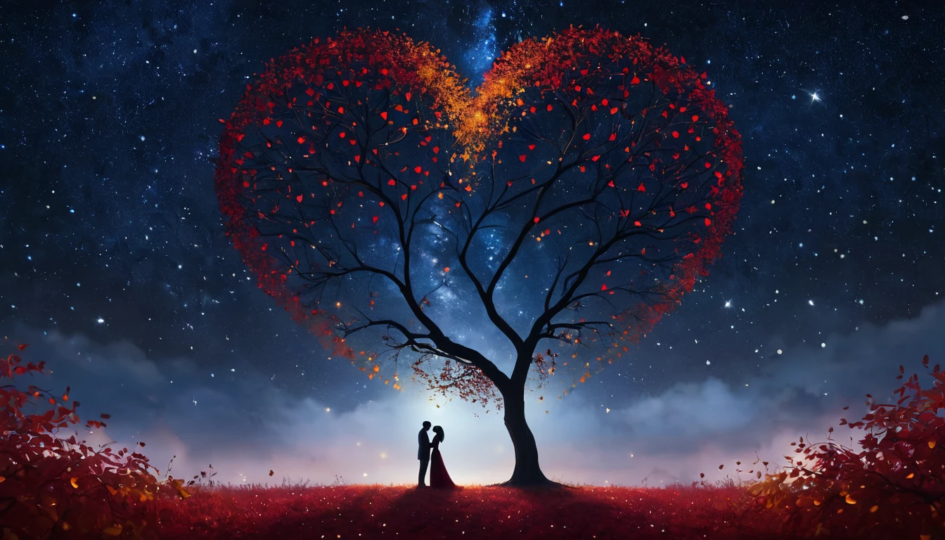 Un couple se tenant sous un arbre en forme de cœur, illuminé par les étoiles.