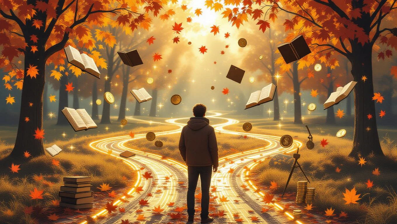 Horoscope carrière du Sagittaire – Octobre 2025 Un jeune homme se tient devant un chemin lumineux entouré de livres et de pièces de monnaie, sous des arbres aux feuilles d'automne.