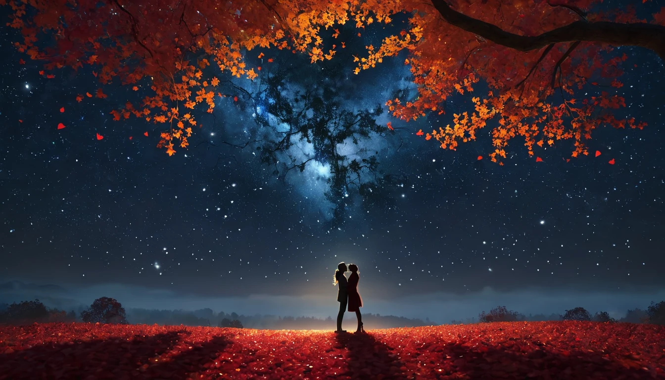 Un couple s'embrassant sous un ciel étoilé, entouré de feuilles d'automne.