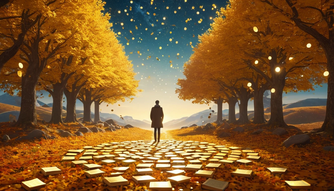 Un homme marchant sur un chemin de livres entouré d'arbres dorés.