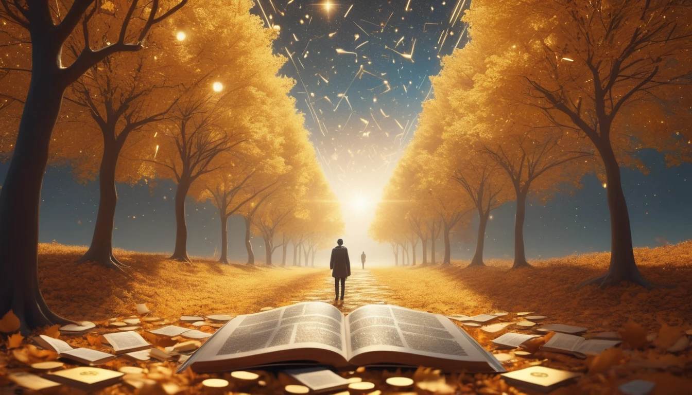 Un chemin bordé d'arbres aux feuilles dorées, avec un livre ouvert au premier plan.