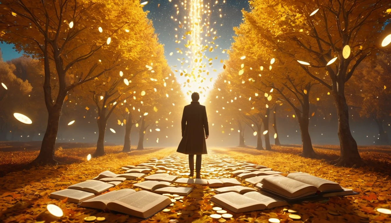 Un homme se tient sur un chemin bordé d'arbres dorés, entouré de livres ouverts et de feuilles tombantes.