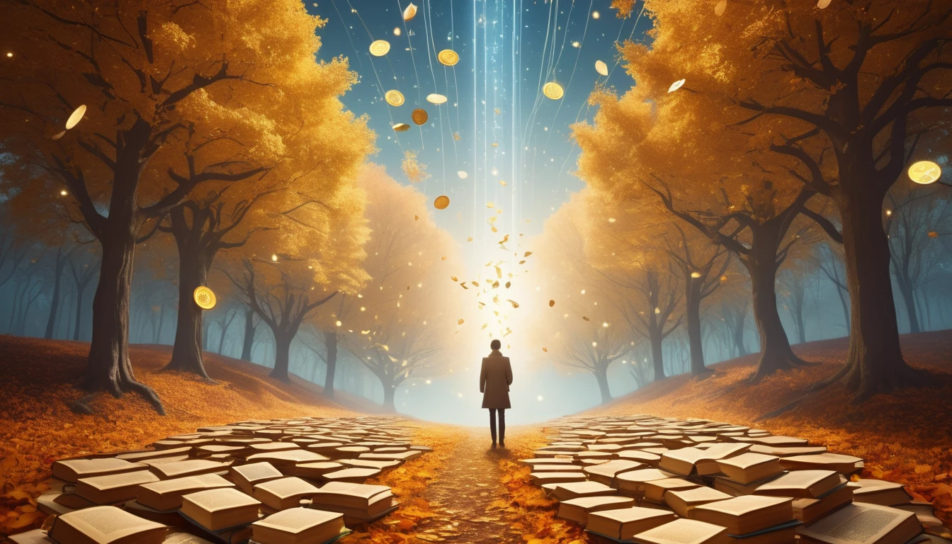 Un chemin bordé de livres ouverts sous des arbres aux feuilles dorées, illuminé par une lumière mystique.