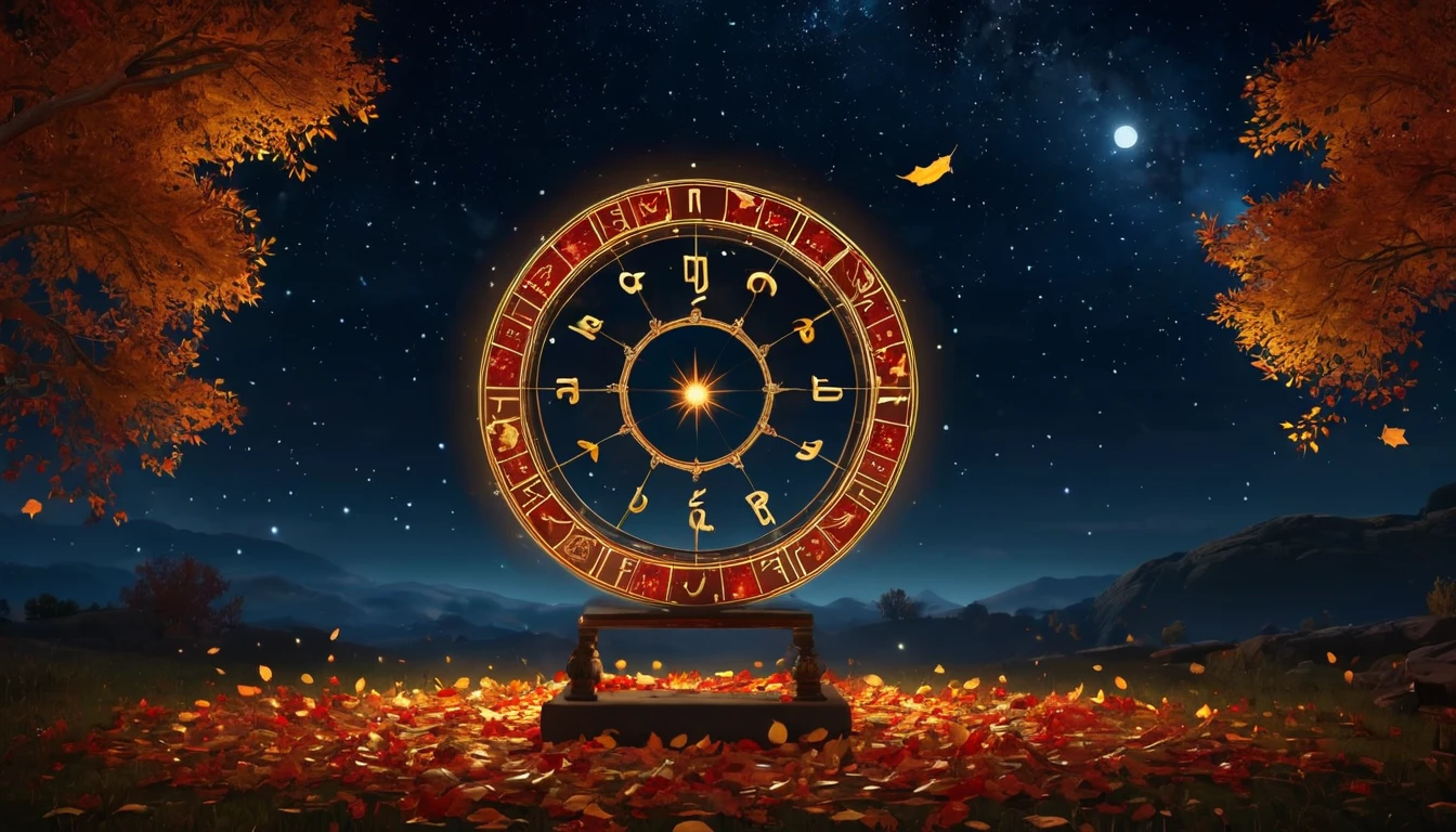Roue astrologique illuminée sous un ciel étoilé d'automne.