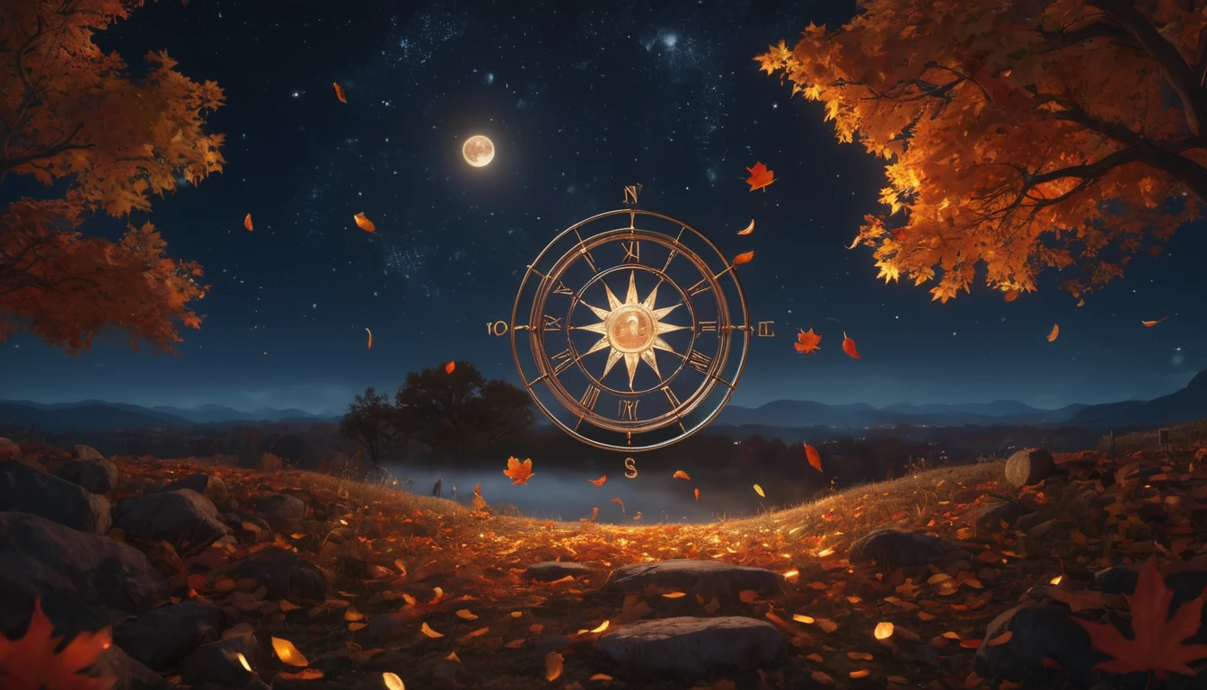 Un paysage automnal avec un ciel étoilé et une boussole astrologique au centre.
