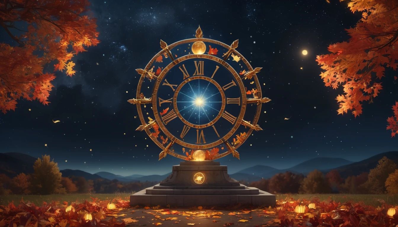 Une roue astrologique illuminée sous un ciel étoilé d'octobre, entourée de feuilles d'automne.