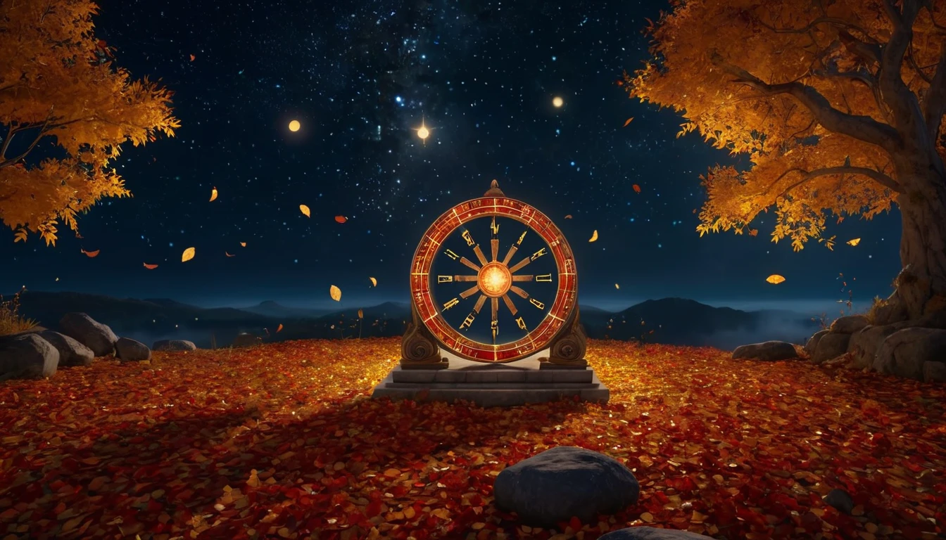 Une roue astrologique illuminée au milieu d'un paysage automnal étoilé.